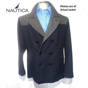 Nautica Wool Blend Blue & Grey Pea Coat Mens Large Winter Button up Jacket